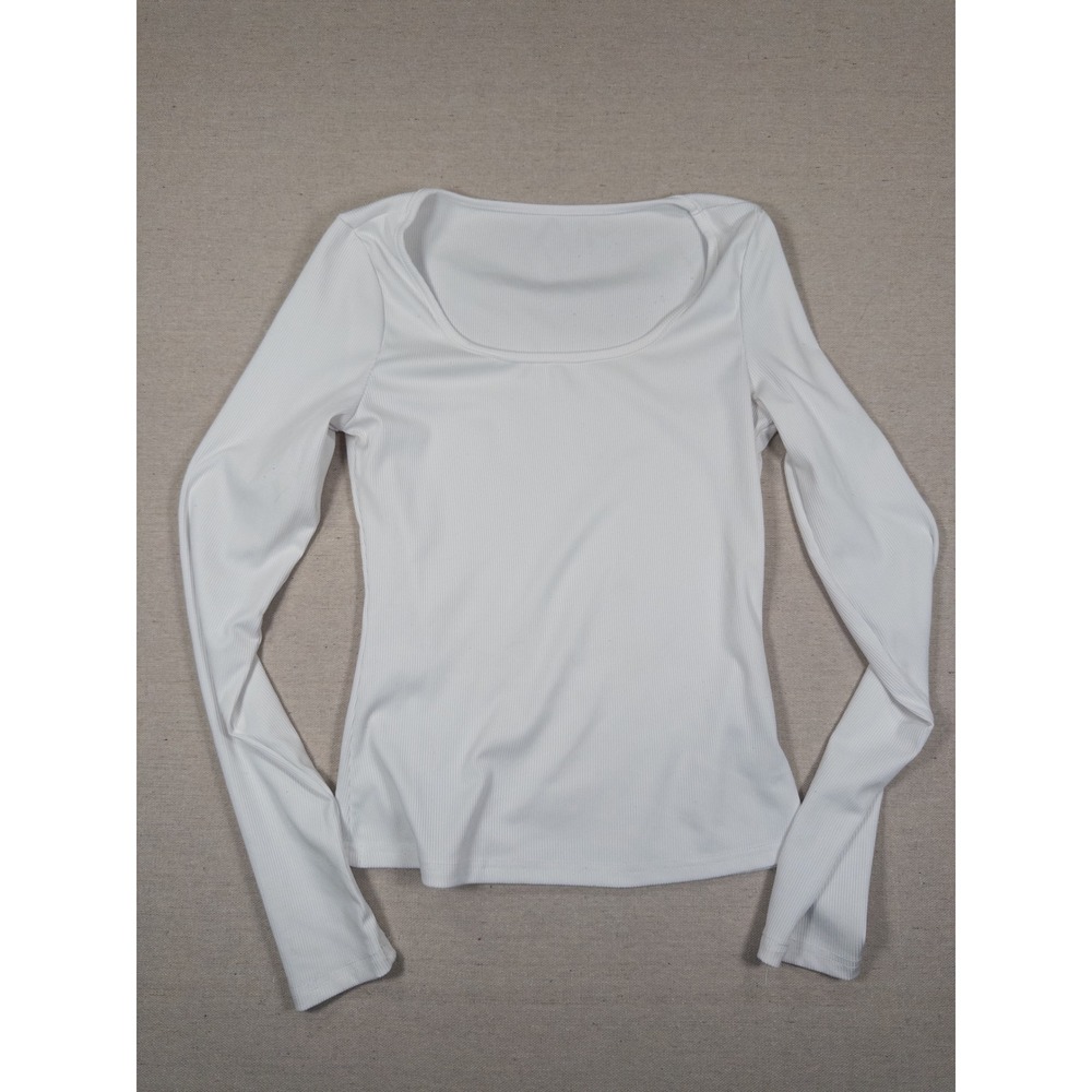 SHEIN White Ribbed Long Sleeve Scoop Neck Top Size M Slim Fit Casual Basic
